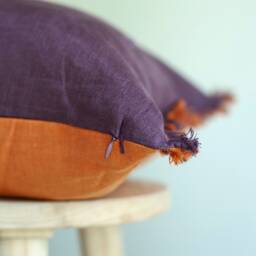 Two-Tone Linen Pillow Cover Purple & Orange Fringed Cushion For Home Decor - thumbnail 3