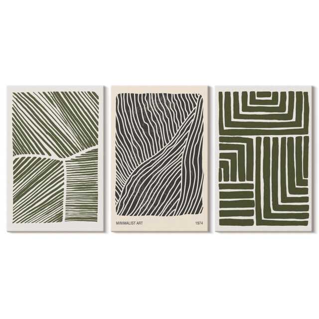 Set Of 3 Canvas Prints - Patterns Lines & Shapes in Shades Green, Green Large Wall Art, Abstract Hanging Piece - image 1