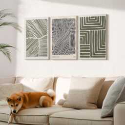 Set Of 3 Canvas Prints - Patterns Lines & Shapes in Shades Green, Green Large Wall Art, Abstract Hanging Piece - thumbnail 3