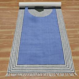 Blue Hand Block Print Cotton Rug, Boho Kilim Style - thumbnail 2
