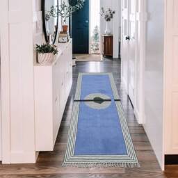Blue Hand Block Print Cotton Rug, Boho Kilim Style - thumbnail 3