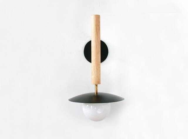 Mid Century Black & Maple Wood Fixture Light Modern Gold Sconce Dining Room Bedside Wall Entry - image 1
