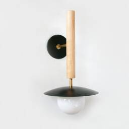 Mid Century Black & Maple Wood Fixture Light Modern Gold Sconce Dining Room Bedside Wall Entry - thumbnail 2