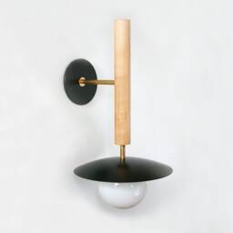 Mid Century Black & Maple Wood Fixture Light Modern Gold Sconce Dining Room Bedside Wall Entry - thumbnail 3