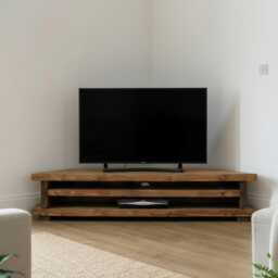 Handmade Rustic Solid Wood Corner Tv Stand With Open Shelving