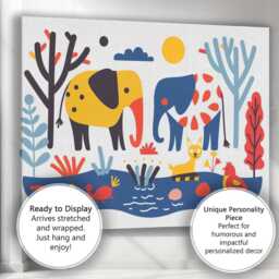 Scandinavian Folk Art Elephant Wildlife Illustration Canvas Wall Print Decor Picture Ready To Hang - thumbnail 3