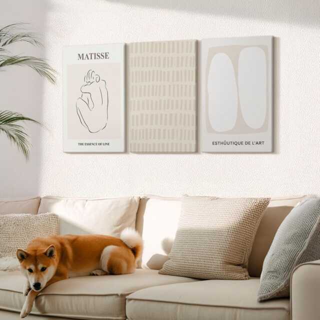 Canvas Set Of 3 Wall Art - Lines & Shapes in Shades Beige White, Print, Abstract Hanging Piece - image 1