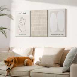 Canvas Set Of 3 Wall Art - Lines & Shapes in Shades Beige White, Print, Abstract Hanging Piece - thumbnail 1