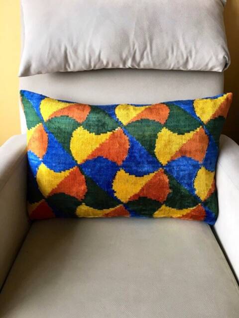 Blue Yellow Orange Velvet Pillow Cover - Silk Ikat Handwoven Rainbow Velvet Cushion - image 1