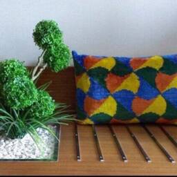 Blue Yellow Orange Velvet Pillow Cover - Silk Ikat Handwoven Rainbow Velvet Cushion - thumbnail 2