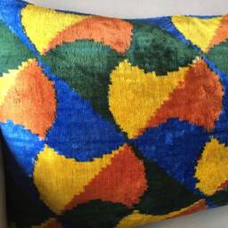 Blue Yellow Orange Velvet Pillow Cover - Silk Ikat Handwoven Rainbow Velvet Cushion - thumbnail 3