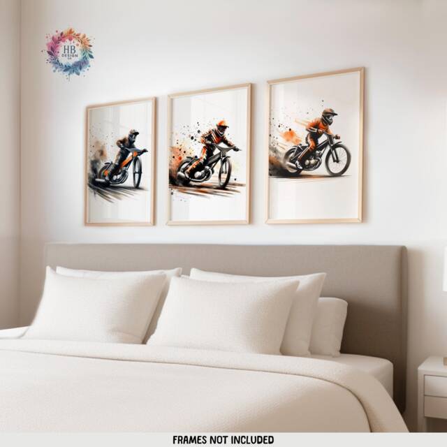 Speedway Prints - Set Of 3 Posters - Motorcycle Print Motocross Wall Art Motor Bike Artwork Boys Room Decor Orange Dirt - image 1