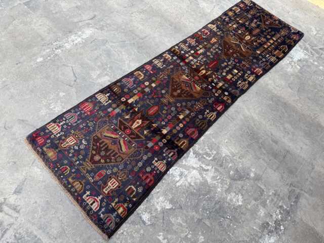 Handmade 2'9x9'4 Afghan Wool Runner Rug , Navy Blue Colectors Piece Floral Nomadic Design, Boho Hallway Carpet, Rustic Decor - image 1