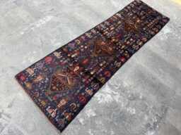 Handmade 2'9x9'4 Afghan Wool Runner Rug , Navy Blue Colectors Piece Floral Nomadic Design, Boho Hallway Carpet, Rustic Decor - thumbnail 1