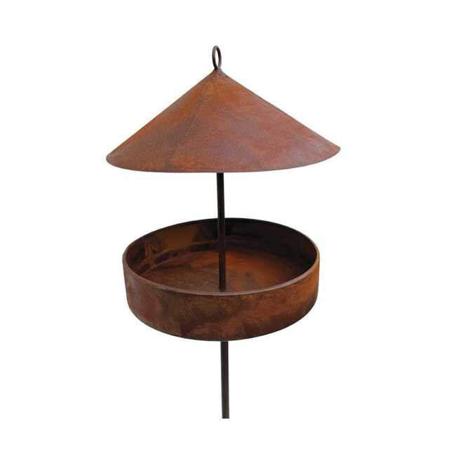 Round Metal Bird House Feeder On Stake - Rust Rustic Garden Tall Sculpture For The - image 1