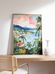 Jamaica Travel Poster, Jamaican Print, Caribbean Wall Art, Tropical Decor Floral Folk Art Poster - thumbnail 1