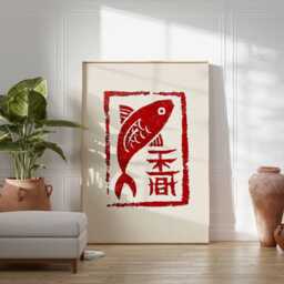 Red Abstract Japanese Fish Stamp Print, Style Poster, Minimalist Wall Art, Zen Artwork, Asian Bold Modern Wabi Sabi Print - thumbnail 3