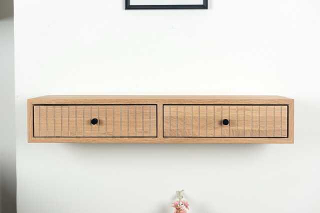 Floating Console Table With Two Fluted Drawers in Solid Oak - Entryway Hallway - image 1