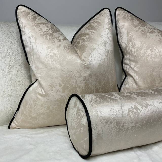 Luxury Pillow, Megan Marble Cushion Pillow Cover, Black Piped Oyster Throw Designer Fabric - Insta Favourite Bespoke Cover - image 1