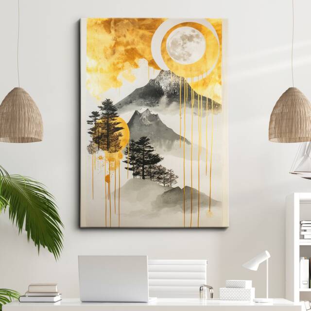 Gold Dripping Mountains Painting Framed Poster Print & Canvas Wall Decor Art Bedroom Home Office Interior Nature Drip Gift - image 1