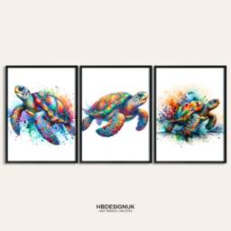 Sea Turtle Print Set - Of 3 Posters - Colourful Watercolour Painting Present Picture Home Wall Art Sealife Gifts Birthday - thumbnail 1