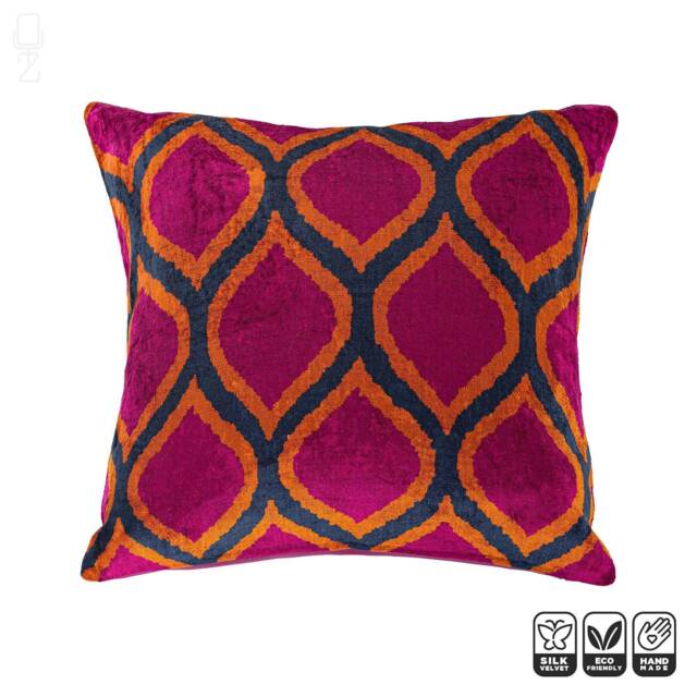 Silk Velvet Ikat Pillow Cover, Fuchsia Pink, Orange, Navy, Handmade - image 1