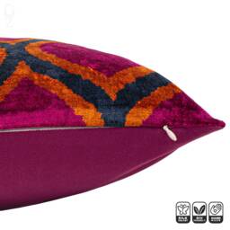 Silk Velvet Ikat Pillow Cover, Fuchsia Pink, Orange, Navy, Handmade - thumbnail 2