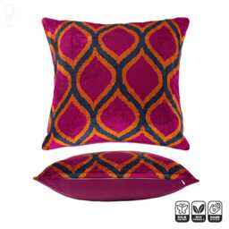 Silk Velvet Ikat Pillow Cover, Fuchsia Pink, Orange, Navy, Handmade - thumbnail 3