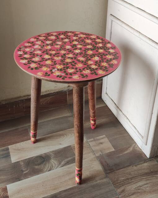 Diy Wooden Side Table, Round Sofa Detachable End Table, Hand Painted Table For Living Room, Indian Style Furniture