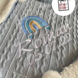 Personalised Baby Cable Knit Rainbow Blanket -Italic Name Embroidered Pom Pom/Sherpa Reverse - thumbnail 2