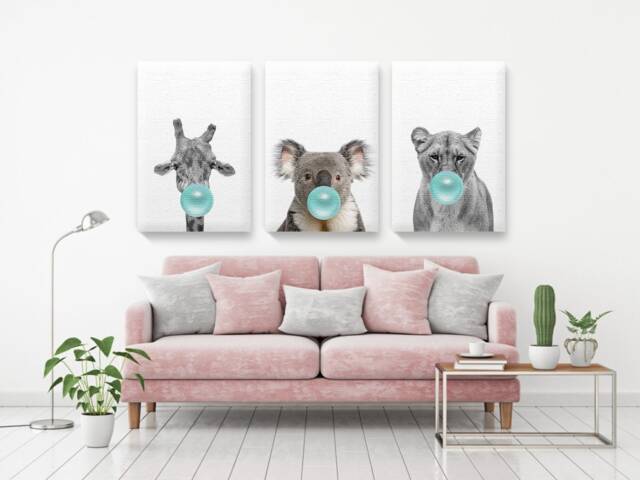 Lion Canvas. Koala Chewing Bubble Gum Giraffe Wall Art. Decor Gifts. Canvas Fine Print Painting For Home Decor. Set Of 3 - image 1