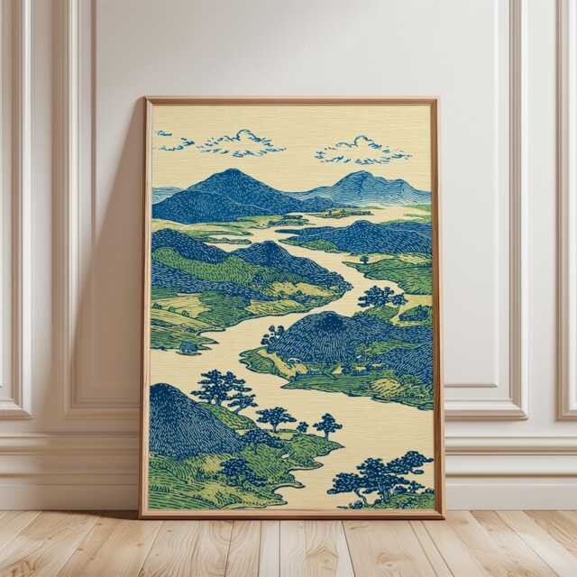 Blue Green Landscape Poster - Japanese Woodblock Style River Mountains Vintage Nature Wall Art - image 1