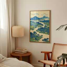 Blue Green Landscape Poster - Japanese Woodblock Style River Mountains Vintage Nature Wall Art - thumbnail 2