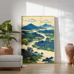 Blue Green Landscape Poster - Japanese Woodblock Style River Mountains Vintage Nature Wall Art - thumbnail 3