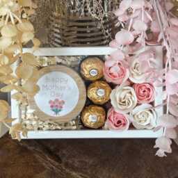 Happy Mothers Day Gift Ser With Personalised Candle, Chocolates & Soap Flowers - thumbnail 3