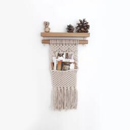 Macrame Wall Pocket With Magnetic Key Holder Wood Floating Shelf Entryway Macrame Organizer Wall Hanging Boho Storage Bohemian Home Decor - thumbnail 2