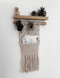 Macrame Wall Pocket With Magnetic Key Holder Wood Floating Shelf Entryway Macrame Organizer Wall Hanging Boho Storage Bohemian Home Decor