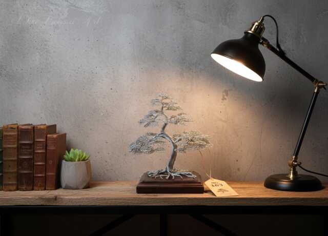 Engraved Wire Bonsai Tree Handmade Silver Sculpture, Zen Decor Unique Christmas Present - image 1
