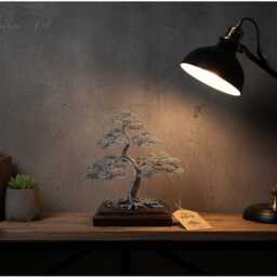 Engraved Wire Bonsai Tree Handmade Silver Sculpture, Zen Decor Unique Christmas Present - thumbnail 2