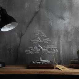 Engraved Wire Bonsai Tree Handmade Silver Sculpture, Zen Decor Unique Christmas Present - thumbnail 3