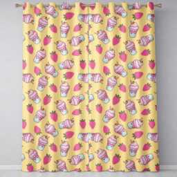 Cute Strawberry Milkshake Cupcake Yellow Background Seamless Pattern Readymade Eyelet Ring Top Thermal 100% Blackout Curtains - thumbnail 2