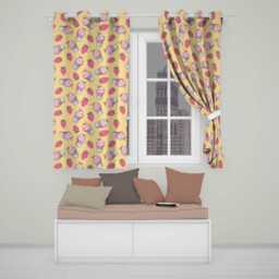 Cute Strawberry Milkshake Cupcake Yellow Background Seamless Pattern Readymade Eyelet Ring Top Thermal 100% Blackout Curtains