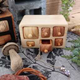 Hand Carved Wood Village Shelf With 6 Drawers Rustic Home Decor - thumbnail 1