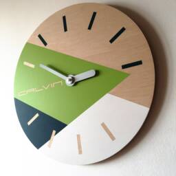 Geometric Wooden Wall Clock Minimalist Decor in Chartreuse, Navy & White Scandinavian Silent For Living Room Or Office - thumbnail 3
