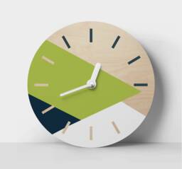 Geometric Wooden Wall Clock Minimalist Decor in Chartreuse, Navy & White Scandinavian Silent For Living Room Or Office