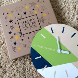 Geometric Wooden Wall Clock Minimalist Decor in Chartreuse, Navy & White Scandinavian Silent For Living Room Or Office - thumbnail 2