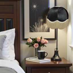 Black Paisley Print Fabric Lampshade With Cream Fringe Handmade in The UK For Table & Floor Standard Lamp Shades, Ceiling Lights - thumbnail 2