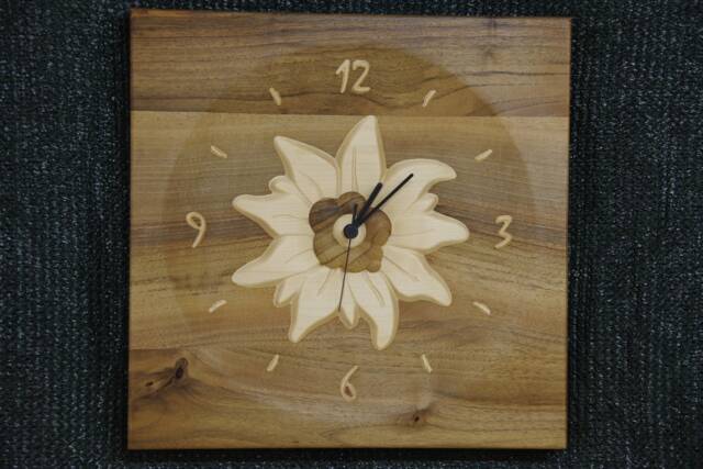 Edelweiss Massive Wooden Carved Intarsia Clock Made From 2 Sorts Of Wood Walnut + Maple - image 1