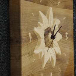 Edelweiss Massive Wooden Carved Intarsia Clock Made From 2 Sorts Of Wood Walnut + Maple - thumbnail 2