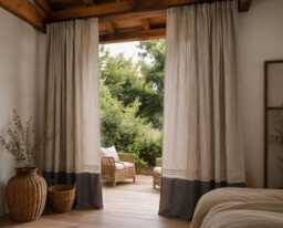Handmade Hemp Cotton Curtains, Rustic Beige Boho Farmhouse Drapes - thumbnail 1